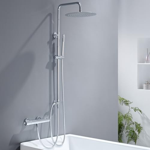Auralum Columna Ducha Termostatica, Set de Ducha con Grifo, Cabezal de Ducha Lluvia 30x30 cm Acero Inoxidable, Alcachofa, Barra de Ducha Altura Regulable 68-108cm, válvula desviadora de Latón,Cromo