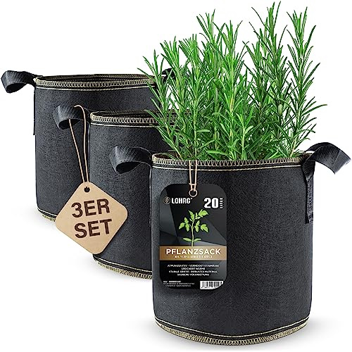 lohag® Premium Vliesstoff-Pflanzsack - 20 Liter, 3er Pack | Perfekt für Kräuter, Blumen, Gemüse & Zimmerpflanzen | Robuste, Wiederverwendbare Pflanzbeutel - Die Gesunde Alternative zum Blumentopf