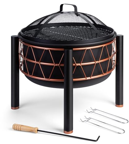 VonHaus Fire Pit – 2 in 1 Firepit with BBQ Cooking Grill for Outdoor, Garden, Patio – Black Steel with Copper Detail, Fire Poker & Mesh Cover Included – Use Wood or Charcoal to Fuel
