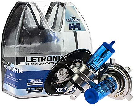letronix Halogen Auto Lampen H4 12V 8500K Kalt Weiß Xenon Optik Gas Ultra White Look Birnen Lampe Abblendlicht Nebelscheinwerfer Fernlicht Kurvenlicht Zulassung E-Prüfzeichen (LED Optik) (H4 55/60W)