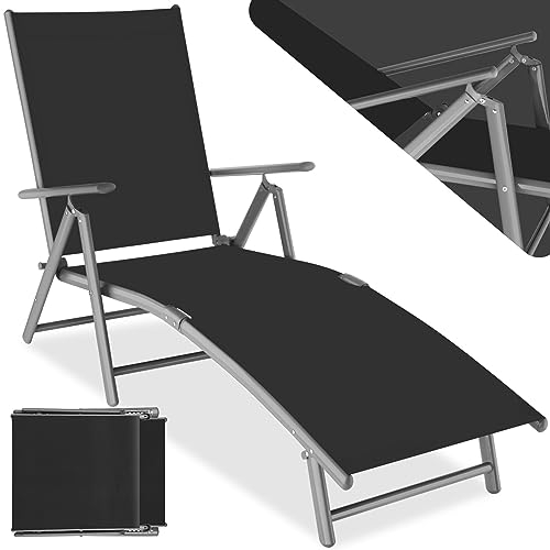tectake® Aluminium Sonnenliege, Gartenliege klappbar, Liegestuhl mit Armlehnen, Verstellbarer Rückenlehne, wetterfest, Liege für Balkon, Garten, Terrasse oder Camping - dunkelgrau