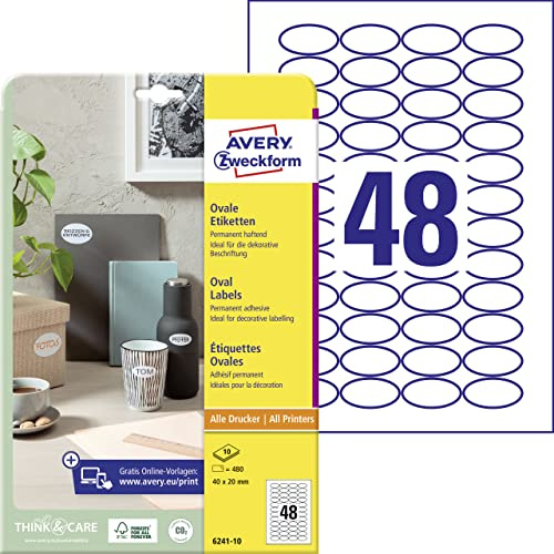 AVERY Zweckform 6241-10 Ovale Etiketten (360 Klebeetiketten, 40x20mm auf A4, ovale Aufkleber zum Bedrucken, selbstklebende Produktetiketten, permanent haftende Marmeladenetiketten) 10 Blatt, weiß