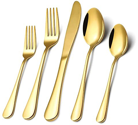 Gold Silverware Flatware Set for 8, 40 Piece Stainless Steel Cutlery Set With Titanium Golden Plated, Tableware Kitchen Utensil Include Spoons, Forks, Knives, Mirror Polished, Dishwasher Safe