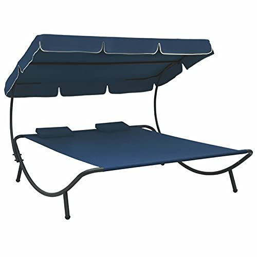 Tidyard Sonnenliege Doppelliege Doppel Gartenliege Garten Sonnenliege mit Sonnendach und Kissen Liegestuhl Gartenmöbel Liege Lounge Strandliege Sonnenbett Doppelbett Blau
