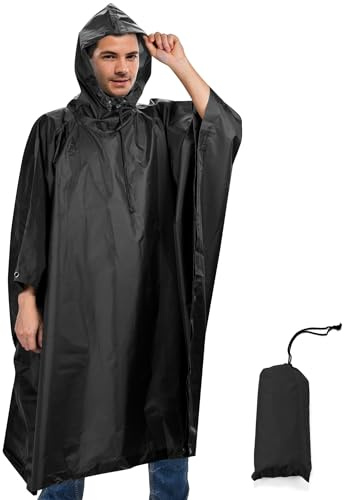 Sensong Poncho de Lluvia Poncho Impermeable 3 en 1 Chubasquero con Capucha Reutilizable Multifuncional Toldo Manta Estera de Camping Ligero para Hombre Mujer Camping Trekking Negro Oscuro