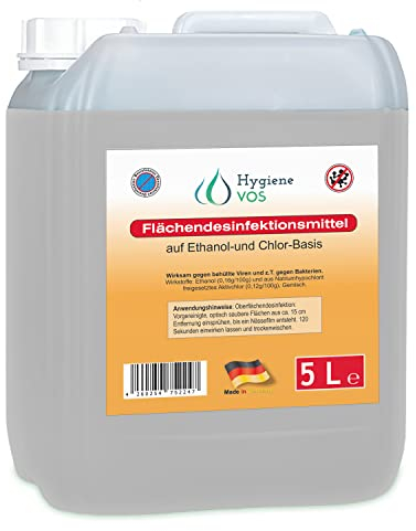 Hygiene VOS Flächendesinfektionsmittel 5 Liter. Gegen behüllte Viren, Bakterien. Für Böden, Tische, im Krankenhaus, Solarium, Badezimmer, Küche. Mit Ausgießer