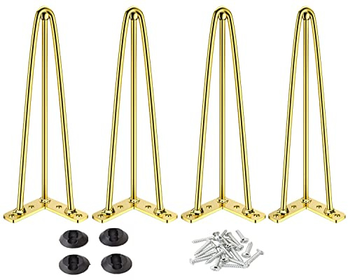 Osring 50,8 cm Haarnadel-Tischbeine mit 1,27 cm Durchmesser, 3 Stangen, Metall-Möbelbeine für Couchtisch und Konsolentisch, Mid-Century Gold Hairpin Legs mit Haarnadel-Bodenschutzfüßen, 4 Stück
