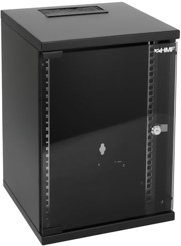 HMF 63409-02 Netzwerkschrank, Serverschrank 10 Zoll | 9 HE | 300 mm Tiefe | Voll montiert | Glastür | Schwarz
