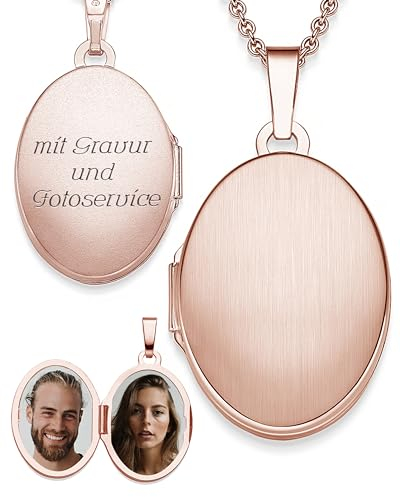 Amoonìc Medaillon oval zum Öffnen für Bilder Rosegold | Kette Damen Medallion mit Bild | Foto Amulett Anhänger antik vintage| Halskette Herzkette mit Gravur