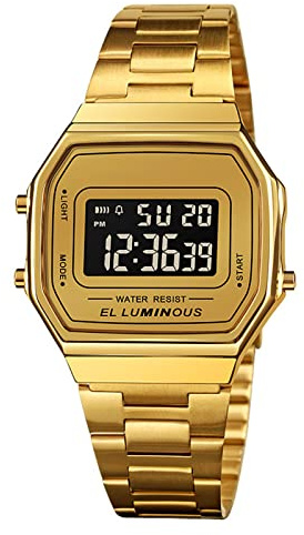 Nicoone Digitaluhr mit Edelstahlband, LED-Hintergrundbeleuchtung, wasserdicht, stilvolle Armbanduhr für Herren (ORO)