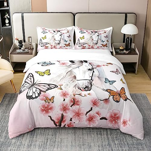 Loussiesd Horse Bedding 100% Cotton Set Butterfly Sukura 100% Cotton Duvet Cover for Girls Farm Animal Farmhouse Quilted Duvet Set with Pillowcase King Zipper