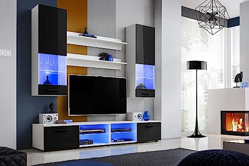 Komodee, Wohnwand Wohnzimmerset RTV Varallo, Schwarz Hochglanz/Weiß Matt, Breite 200cm x Höhe 195cm x Tiefe 45cm, LED Blau, für Wohnzimmer, Schlafzimmer