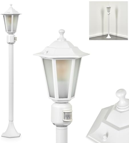 HOFSTEIN Außenstehleuchte Loria, Außenwegeleuchte mit Bewegungsmelder aus Metall/Milchglas in Weiß, Wechselscheiben Klar, Wegeleuchte im Landhaus/Antik/Retro-Design, Garten, Hof, 107 cm, E27, IP44