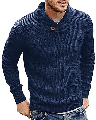 Runcati Pull d'hiver élégant en tricot fin à col châle pour homme Coupe droite