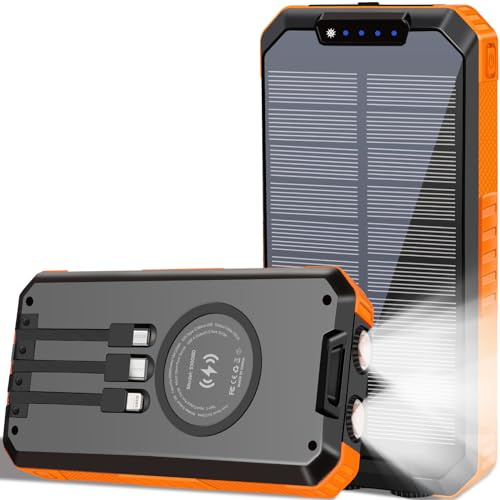 Durecopow Chargeur solaire Power Bank 49800mAh Batterie sans fil PD18W QC3.0 Charge rapide 3 câbles intégrés avec USB-C 6 sorties et 2 entrées pour téléphone portable