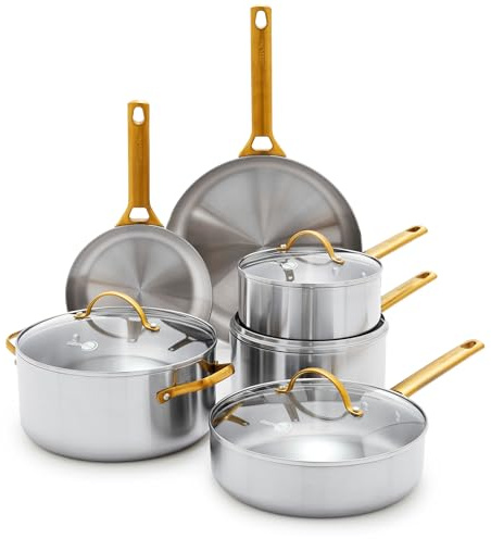 GreenPan Juego de 10 ollas y sartenes de acero inoxidable de tres capas, multiclada, sin PFAS, inducción, horno y asador, núcleo sensible al calor, apto para lavavajillas, tapas de vidrio