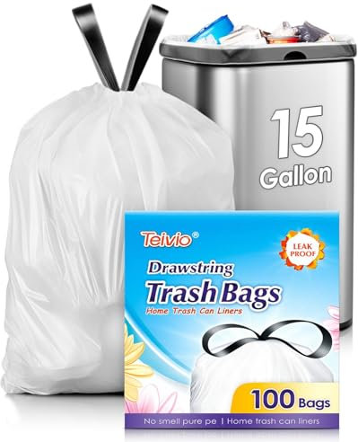 Teivio Bolsas de basura altas y fuertes con cordón para cocina, 15 galones, 100 unidades, bolsas de basura de plástico medianas para el hogar, cocina, jardín, oficina, cubo de basura alto, bolsas de