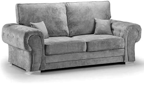 Grey Fabric 3 Seater Sofa – Button Tufted Chesterfield Style Couch, Comfortable Upholstered Living Room Sofa with Foam Cushions (3 Seater)