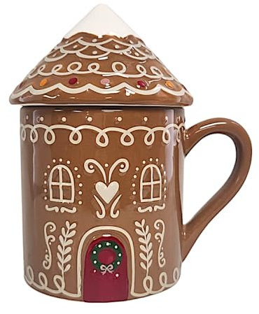 Divas World Ceramic Christmas Mugs Gingerbread House & Gingerbread Man and Gnome Shaped Mugs with Lids Handle Festive Coffee & Cookie Jars Cute Aesthetic Microwave Safe (Gingerbread House Shaped)