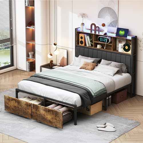 YYXLDYNB Dubbelsäng 160 x 200 cm, sängram i järn med 2 förvaringslådor, vadderad säng med LED-belysning och USB-uttag, PU sänggavel med förvaring, industriell stil, utan madrass