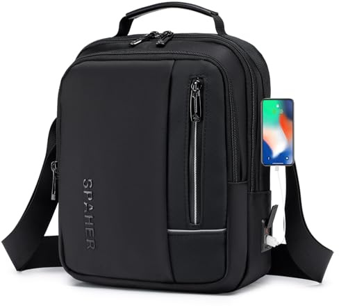 SPAHER Borsello Uomo Tracolla Grande Borsa Tracolla Uomo per Ipad 11 Pollici con Porta di Ricarica USB Borse a Spalla da Uomo Imperméable Casuale Borse Messenger Borselli da Uomo Pochette Nero