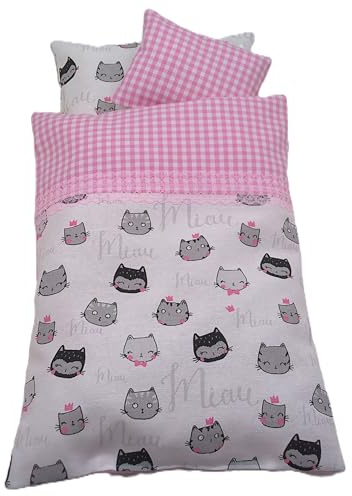 Handgefertigte Puppenbettwäsche 3 tlg. Kätzchen auf Rosa, Decke 35h x 26b, Kissen 21b x 16h, Kuschelkissen 13b x10h in cm