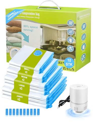 NATNAV Vakuumbeutel für Kleidung mit Elektrischer Luftpumpe, 10 Stück (3 Jumbo 100x80cm &3 Groß 80x60cm &2 x Mittel 70x50cm &2 Kleine 60x40cm), Durchsichtig für Reisen, Kissen Bettdecken Aufbewahrung