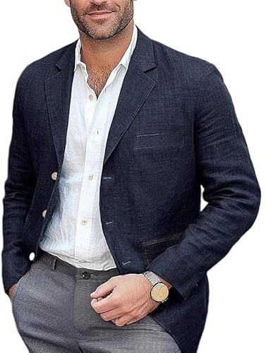 LIUYUYOUGO Americana Hombre Casual Chaquetas De Traje para Hombre Blazer De Lino Sintético De Corte Regular Estilo Vintage Clásico De Un Solo Pecho Deportivo con Solapa con Muesca para Negocios Pa