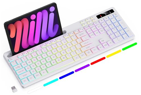 Soueto Tastiera wireless con retroilluminazione RGB a 7 colori, tastiera per computer full-size con supporto per telefono e tablet, tastiera da gioco ricaricabile 2,4 G con tasti luminosi, compatibile