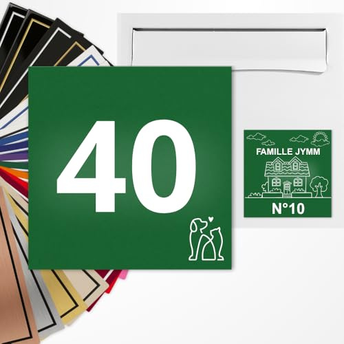 Numéro de Rue Maison Carré Personnalisé 10x10 cm Vert foncé/Blanc | Gravure Laser, 22 Couleurs, Ornements Animaux Cœurs Régions ou Sans Motif, Adhésif 3M Pose Facile, Fabriqué en France