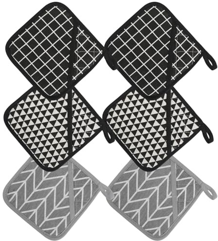 Hitzebeständige Topflappen,6 Stück Topflappen Set Topflappen mit Taschen Waschbar Topflappen Küchenzubehör zum Kochen für Heiße Töpfe Schwarz 17x17 cm