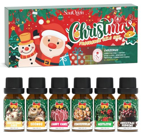 SoulOrigin Weihnachts ätherische Öle Set, Duftöl Set für Öl Diffusoren, Duftöle Kerze zu Hause 6x10ml-Eggnog, Weihnachtskuchen, Ingeberbrot, Mistel, Süßigkeitsstöcke und Weihnachtspudding