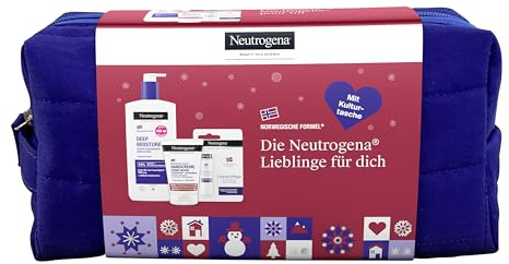 Neutrogena Hautpflege Geschenkset mit Kosmetiktasche | Handcreme, Lippenpflege & Bodylotion – Pflegeset mit Glycerin & Vitamin E für trockene Haut – ideale Geschenkidee