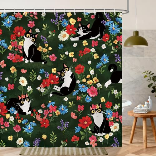 Bonhause Söt Katt Trädgård Blommor Duschdraperi, 183 x 183 cm