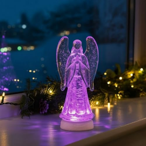 Led Colour Changing Angel Figurine Battery Operated, 24cm Acrylic Angel Glitter Water Spinner with Wings Christmas Decoration Ornament, for Table Shelf & Gift Idea
