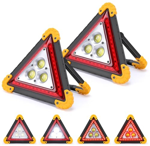 VINGVO Triangle De Signalisation Voiture, 30W LED Triangle Voiture, Haute Visibilité & étanche Triangle Lumineux LED Voiture, 3 Modes Fixe/Clignotant Rouge, Triangle D’Urgence Portable avec Poignée