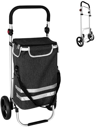 Relaxdays Shoppingvagn, 2 stora hjul, kylfack, avtagbar väska, 45 l, upp till 35 kg, vikbar shoppingvagn, svart