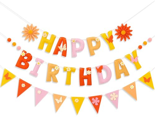 Hopecore Pre-Strung Happy Birthday Banner, 3D Daisy Happy Birthday Felt Garland, Pom Pom Garland, Colorful Pennant Flag, Reusable Orange Floral Birthday Decorations for Women Men Kids