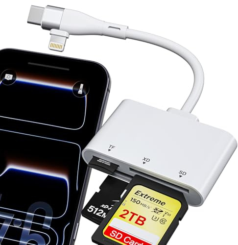 Lector de Tarjetas XD USB C y Lightning para iPhone/iPad, Lector de Tarjetas SD 3 en 1 para iPhone 17/16/15/14-6/iPad/MacBook/Android - Adaptador de Tarjetas XD para XD/SD/MicroSD, Plug & Play