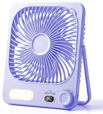 WHATOOK Ventilador de Mesa Recargable 10000mAh con Luz Nocturna, USB C Silencioso 30dB, 100 Velocidades, 40h, Pantalla Auto-Off, Rejilla Lavable, Gancho Camping Dormitorio