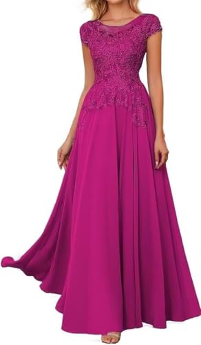 WISIYLE WQL050 WQL050 - Vestido de manga casquillo para la madre de la novia para boda, con apliques de encaje, formal, fiesta de noche, vestido largo, fucsia, 40