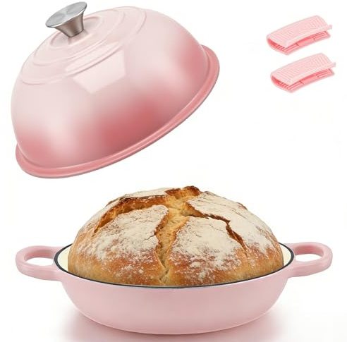 Dutch Oven for Bread Baking, 26cm Enameled Cast Iron Dutch Oven with Lid, 4.7L/5QT Non-Stick Casserole Pot with Silicone Handles, Heavy Duty Bread Baking Pot for Roasting, Braising & Stewing