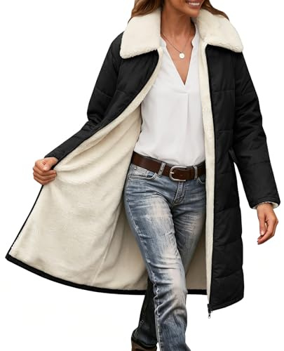 Tuopuda Manteau Femme Hiver Long Veste Polaire Chaud Parkas Matelassée Élégant à Col Blouson Zippée Coupe-vent Casual Manteaux Manches Longues avec Poches(Noir, XL)