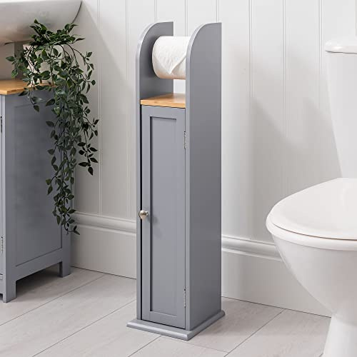 CHRISTOW Toilet Roll Holder Cabinet, Bamboo-Effect Top, Grey | Floor Standing Toilet Roll Storage, Space-Saving Cupboard with Shelf, Holds 4 Toilet Rolls, Durable MDF, Fixings Included
