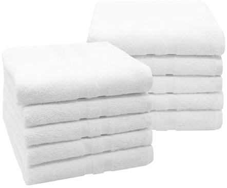 ZOLLNER 10er Set Handtücher in 50x100 cm - Flauschige Duschtücher aus Baumwolle - mit moderner Streifenbordüre - waschbar bis 95°C - mit praktischem Aufhänger - in weiß - Hotelqualität