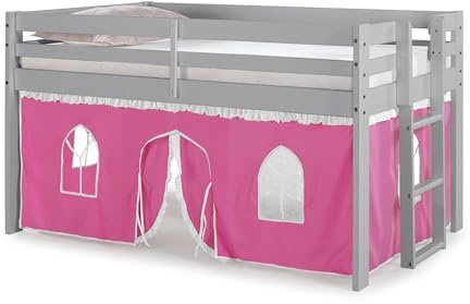 Jasper Twin Junior Loft Bed, Dove Gray Frame and Pink/White Bottom Playhouse Tent