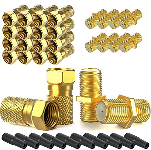 F-Stecker 7mm 20x + F-Verbinder 10x vergoldet 10x Gummitülle | Gummidichtung breite Mutter schraubbar | Verlängerung für Koaxial Antennenkabel Koax SAT Kabel | BK Anlagen | Satelliten LNB Montage SET