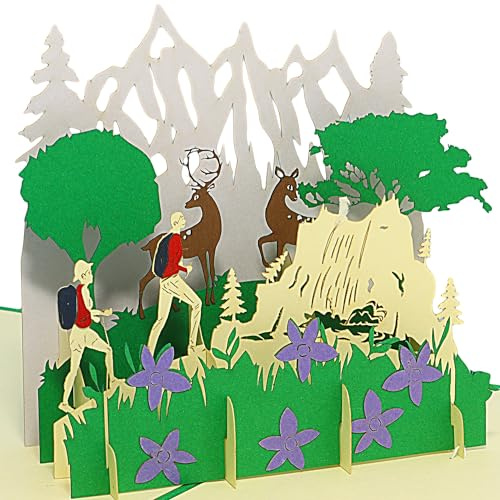 LINPOPUP®, 3D Pop-Up Grußkarte, Berg-Wandern, Grüne 3D Berglandschaft, Geburtstagskarte, N377