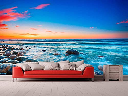 Oedim Fotomural Vinilo Adhesivo Playa Rocosa Puesta de Sol, Vinilo Adhesivo Decorativo para Habitaciones, decoración para Paredes, Vinilo Adhesivo