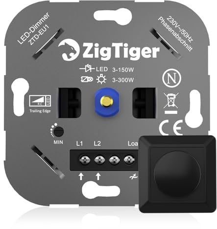 Zigtiger Interruttore dimmer a LED, da incasso, dimmer a rotazione, adatto per LED dimmerabili da 3 a 150 W e alogeno da 3 a 300 W, senza morsetto (LED 3-150W & HAL 3-300W (nero))